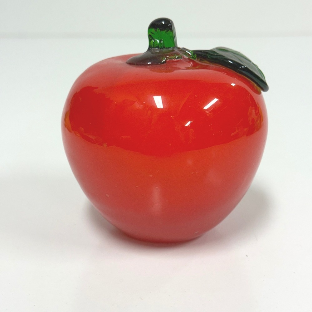 Vintage Red Art Glass Apple Paperweight with Green Leaf Decorative Fruit